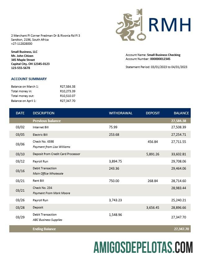 Baixável Rand Merchant Bank Enterprise modelo de extrato de conta Word e PDF